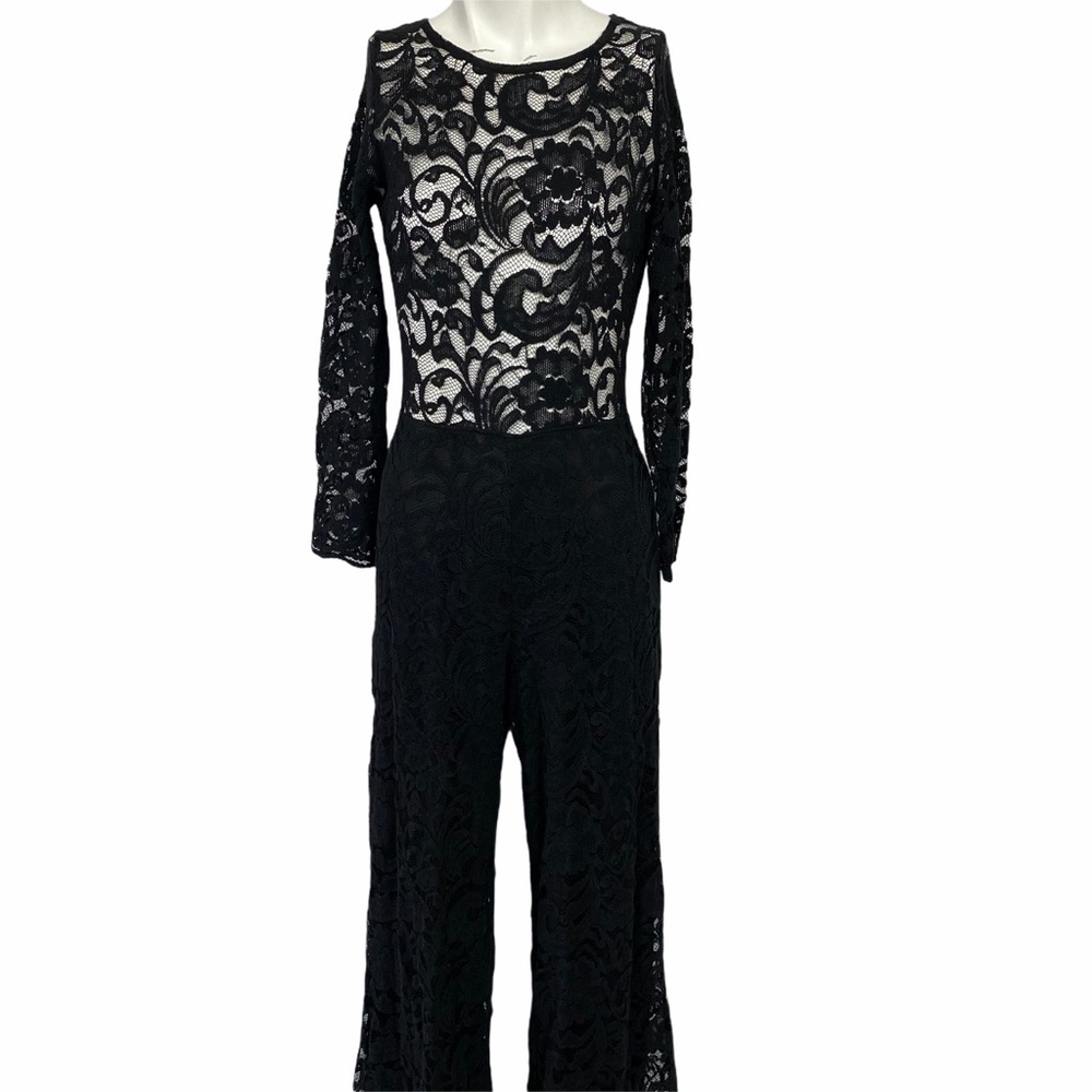 Long Black Jumpsuit W Stretch Lace Top & Low Back - Picture 2 of 16